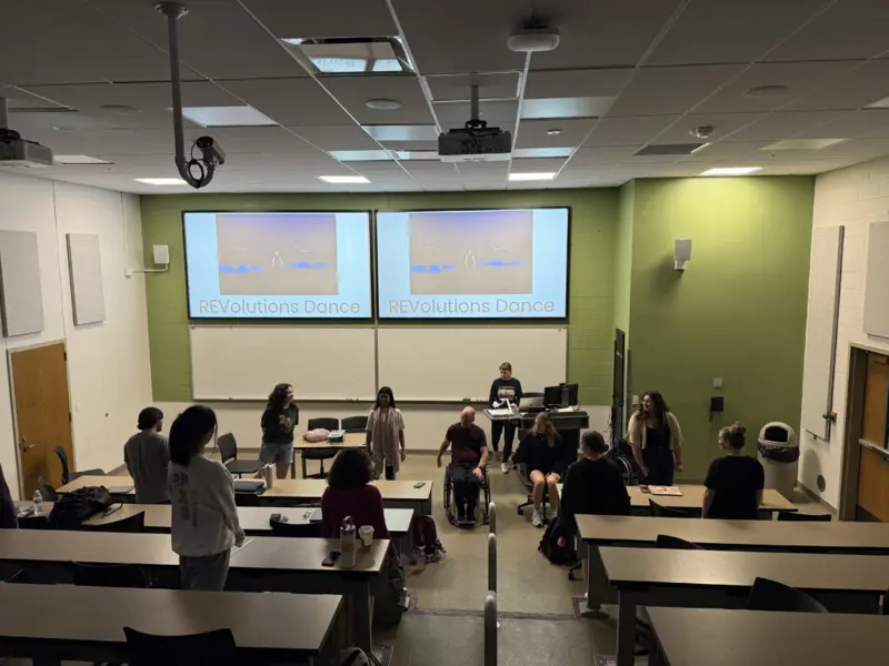 In Price’s Adaptive P.E. class at Purdue, Scheuneman, Laukkanen, and Hernandez lecture on inclusion in sport and movement.