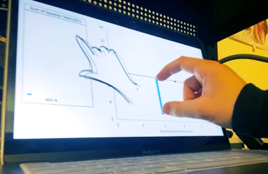 a researcher using a computer to draw a hand gesture of pointing with index finger that indicates direction