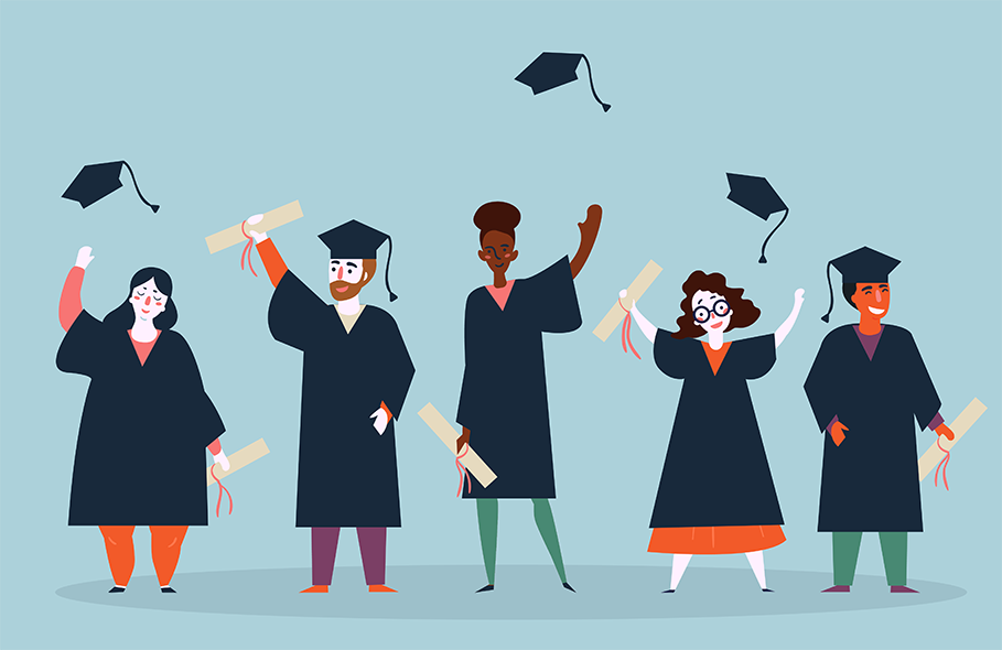 illustrated graphic of five people in graduation gowns and caps