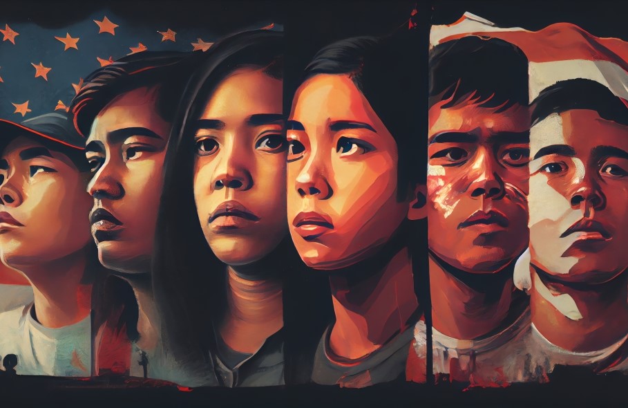 Illustration of Asian American children faces against a US flag backdrop