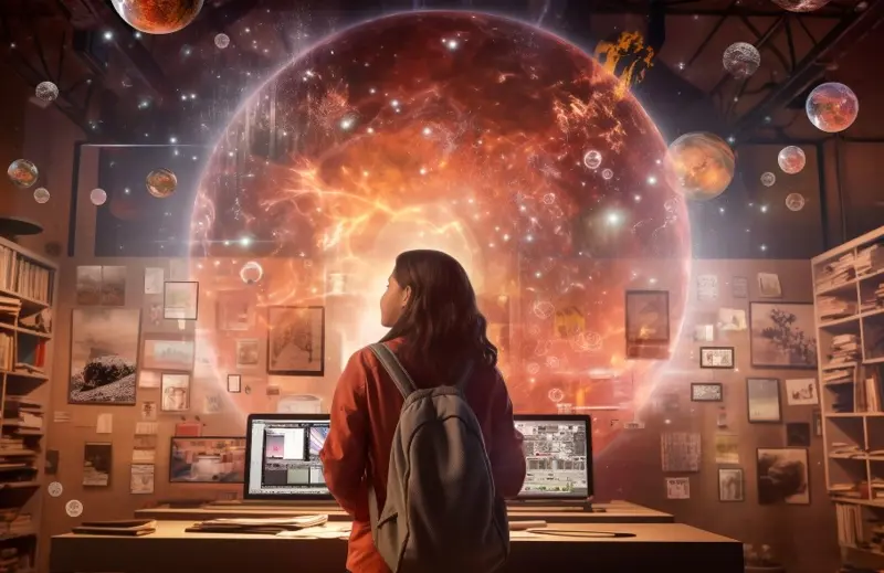 stock image of a young girl looking at computer screens in a library