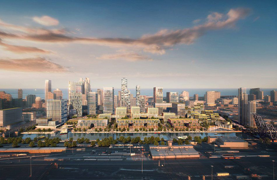 A rendering of the ‘78’ development in Chicago that will someday house the Discovery Partners Institute (along the river at right).