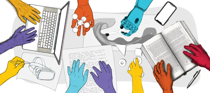 Illustration of colorful hands working together: hands reading Braille, using a laptop, drawing a VR headset design, reading a book, holding a chemistry model, and a prosthetic hand paining, and a child's hand playing with shapes.