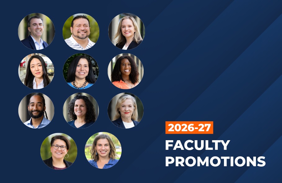 Graphic of ten faculty members. Text says 2026-27 Faculty Promotions