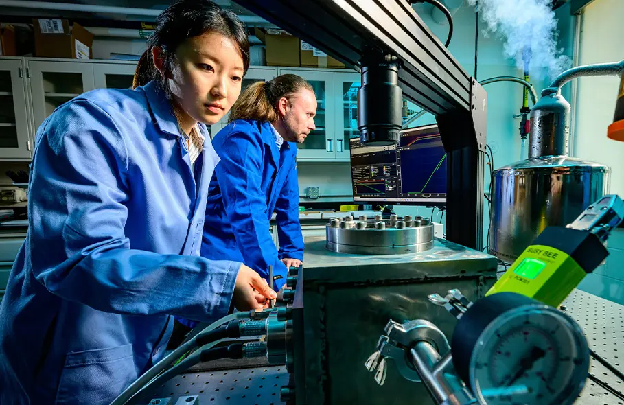 Student researchers work with Prof. Jean-Charles Stinville in the Stinville Research Group labs in the Materials Science and Engineering building.