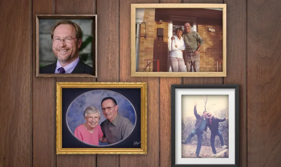 A wood wall featuring family photos of the Peters Family.